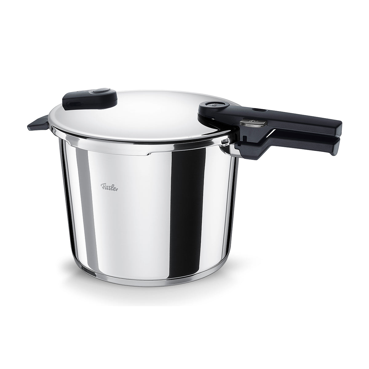 Der Fissler Vitaquick® Schnellkochtopf aus poliertem Edelstahl 18/10, mit schwarzen Griffen, verkörpert deutsche Präzision und zeitloses Design.