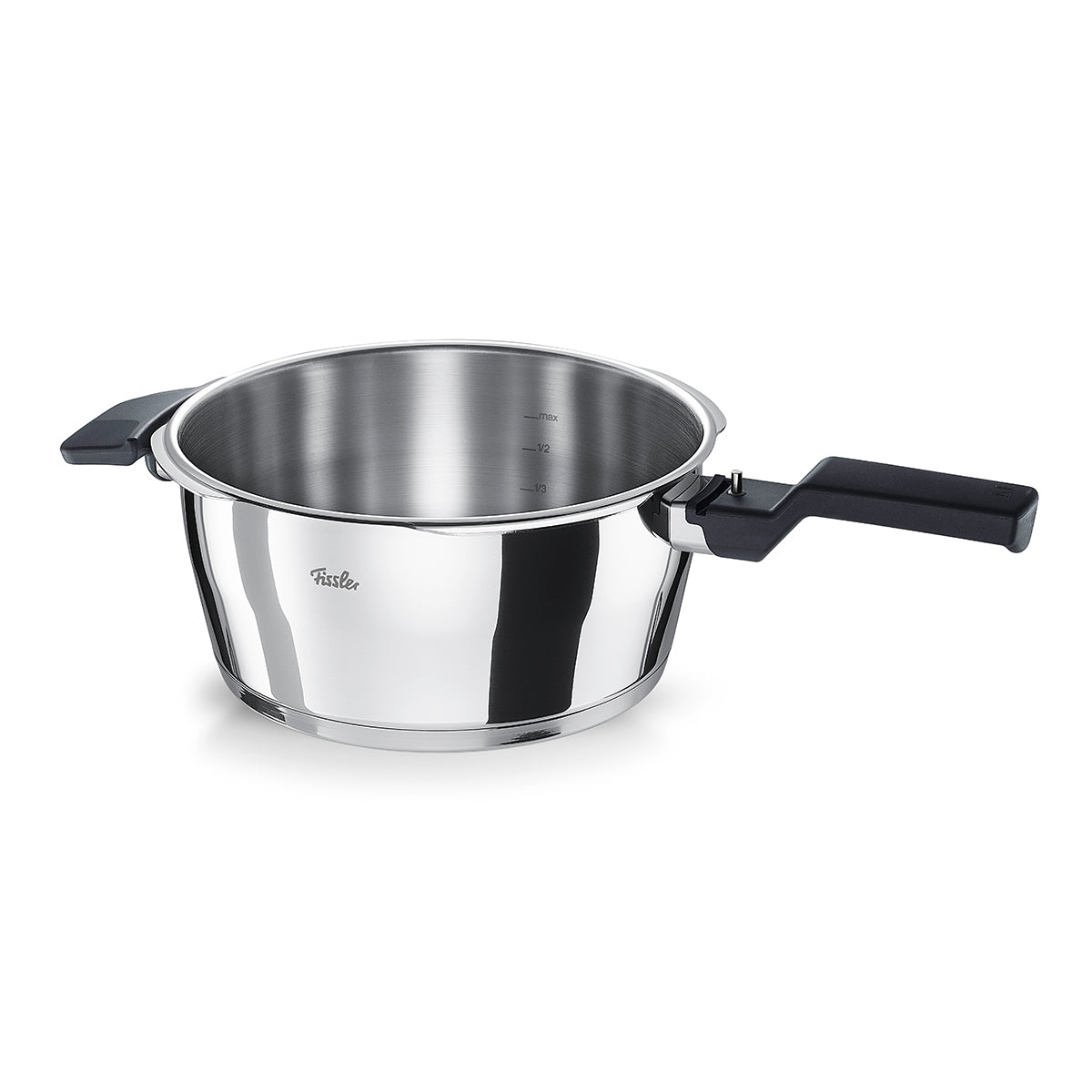 Fissler Vitaquick® Schnellkochtopf: hochwertiger Edelstahl 18/10, modernes Design, schwarze Griffe, Innenmarkierungen. Hergestellt in Deutschland.