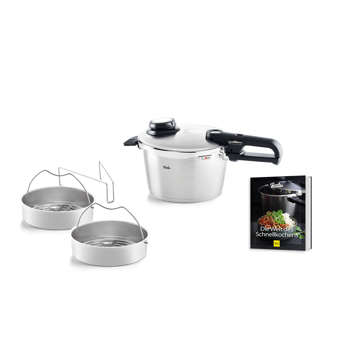 Fissler Vitavit® Premium Schnellkochtopf Set (4,5l) mit schwarzem Griff, Einsatz, Ablage & Rezeptheft - Präzision Made in Germany.