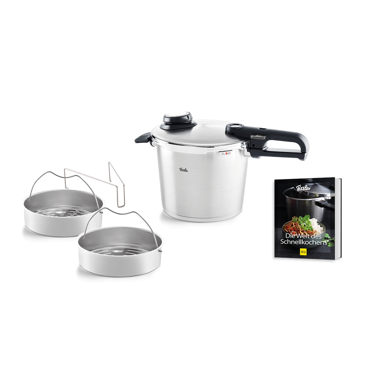 Experience Fissler quality with the 2-piece Vitavit® Premium set with SKT book: a timeless stainless-steel pressure cooker, made in Germany, with a black handle for easy use. Includes two metal steamer inserts, a lever, and a pressure cooker cookbook. All set against a pure white