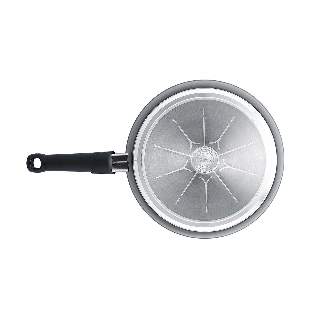 Top view of Fissler Ceratal® Classic Frying Pan in orbit black, black handle, signature base, PFAS/PTFE-free ceramic. Made in Germany.