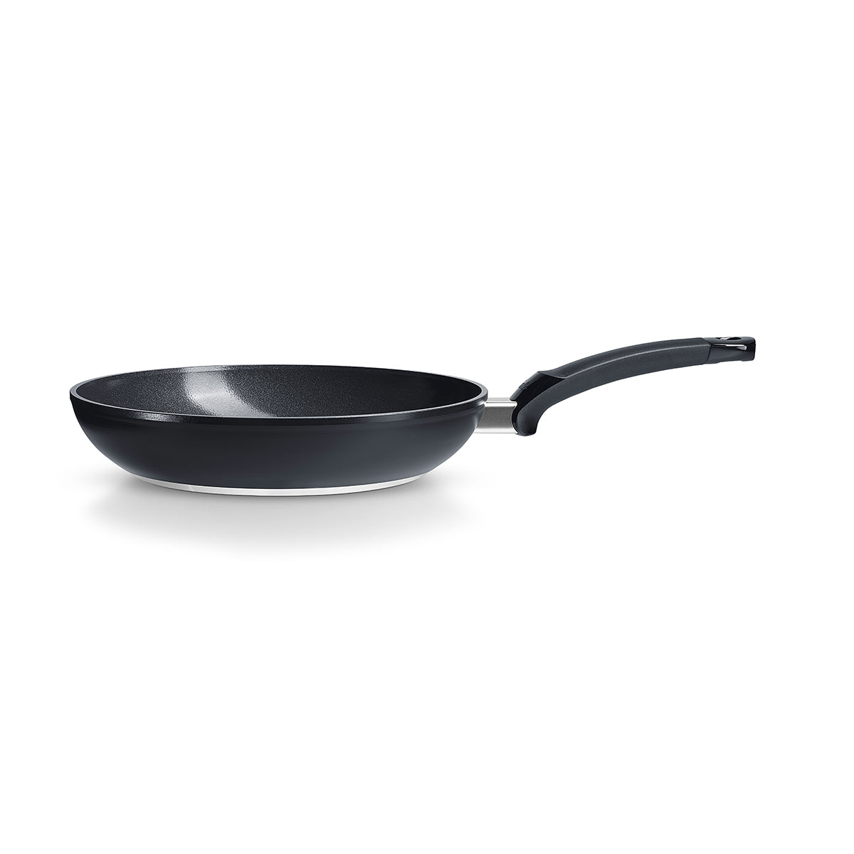 Fissler Ceratal® Classic Frying Pan in Orbit Black, black ceramic non-stick pan with silver base and long handle. PFAS/PTFE-free.