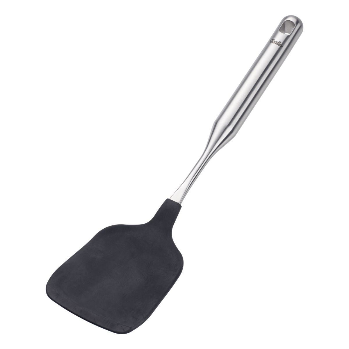 Der Fissler Essential® Wokwender mit Silikon: moderner, langlebiger Edelstahlgriff, schwarzer Silikonkopf, Aufhängeloch - Made in Germany.