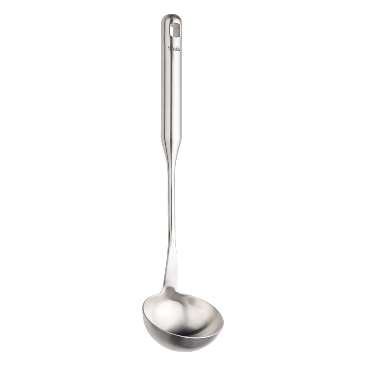 Fissler Essential® Schöpflöffel: Präzisionsgefertigter Schöpflöffel aus Edelstahl mit langem Griff, tiefer Schale und Aufhängeloch. Hergestellt in Deutschland.
