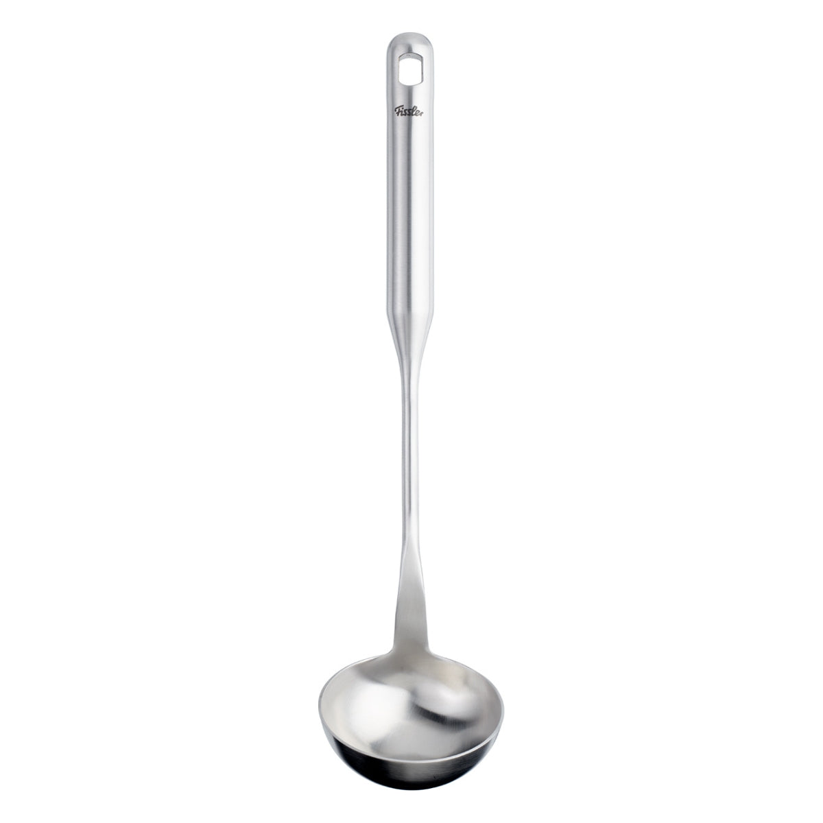Der Fissler Essential® Schöpflöffel: Präzisionsgefertigter Edelstahl, ergonomisch geformter Griff mit Aufhängeloch. Hergestellt in Deutschland.