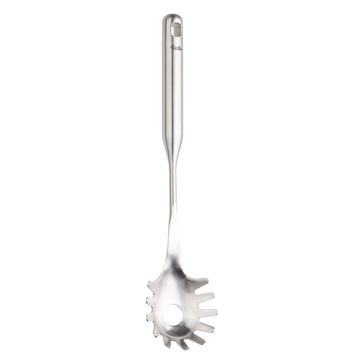 Fissler Essential® Spaghettiheber: Präzisionsgefertigter Edelstahl, ergonomischer Griff, modernes Design und Aufhängevorrichtung.