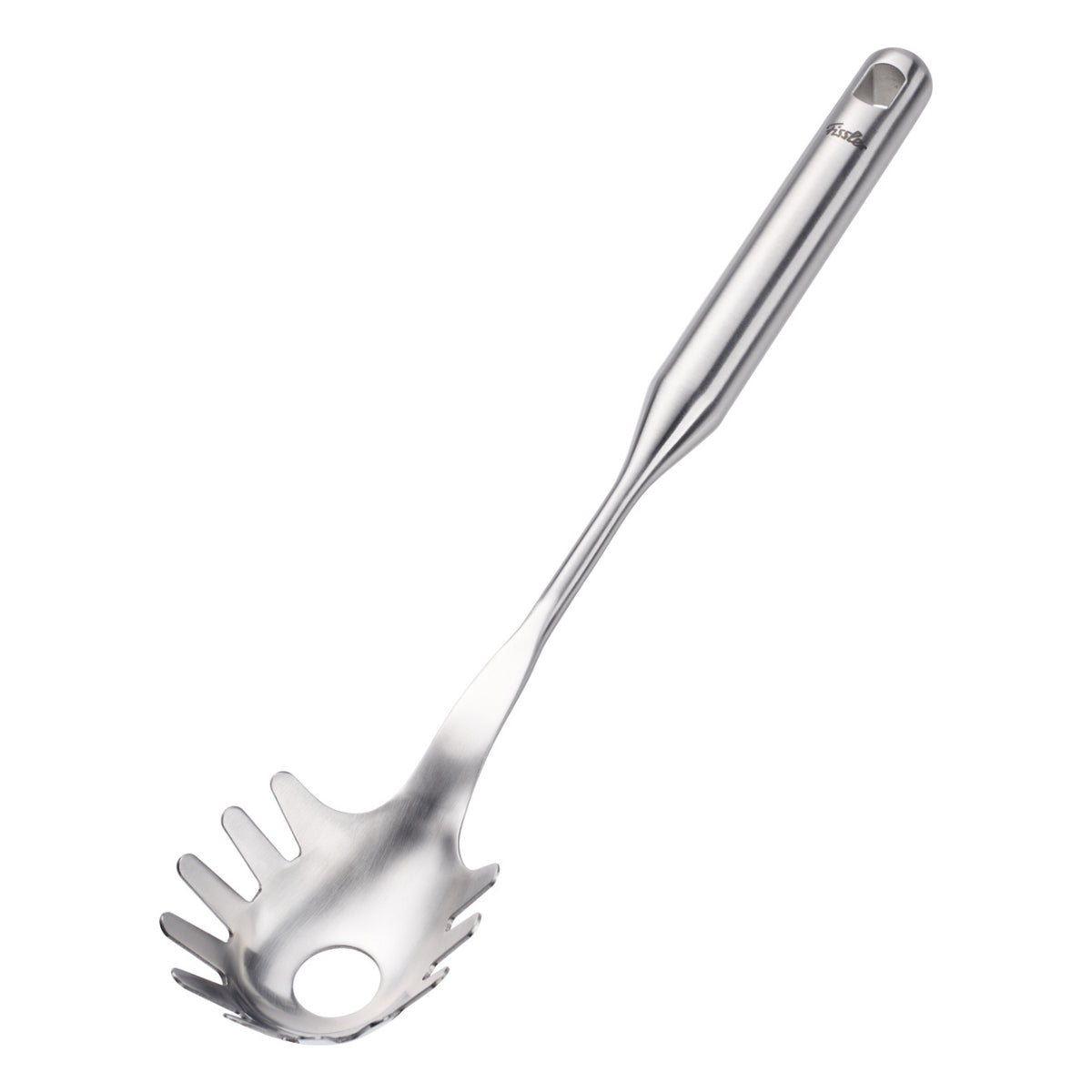 Fissler Essential® Spaghettiheber - hochwertiger deutscher Edelstahl, gezackte Kanten, zentrales Loch; präzises, modernes Werkzeug zum Servieren von Pasta.