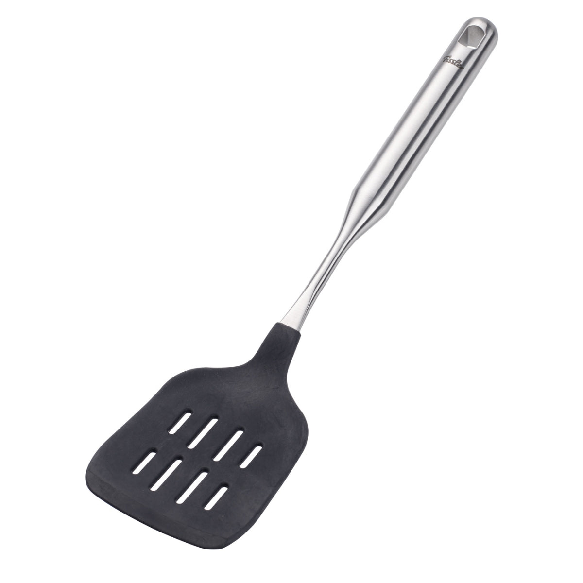 Fissler Essential® Bratwender: Schwarzer Silikonspatel, sechs Schlitze, Griff aus rostfreiem Stahl. Präzision und deutsches Qualitätsdesign.