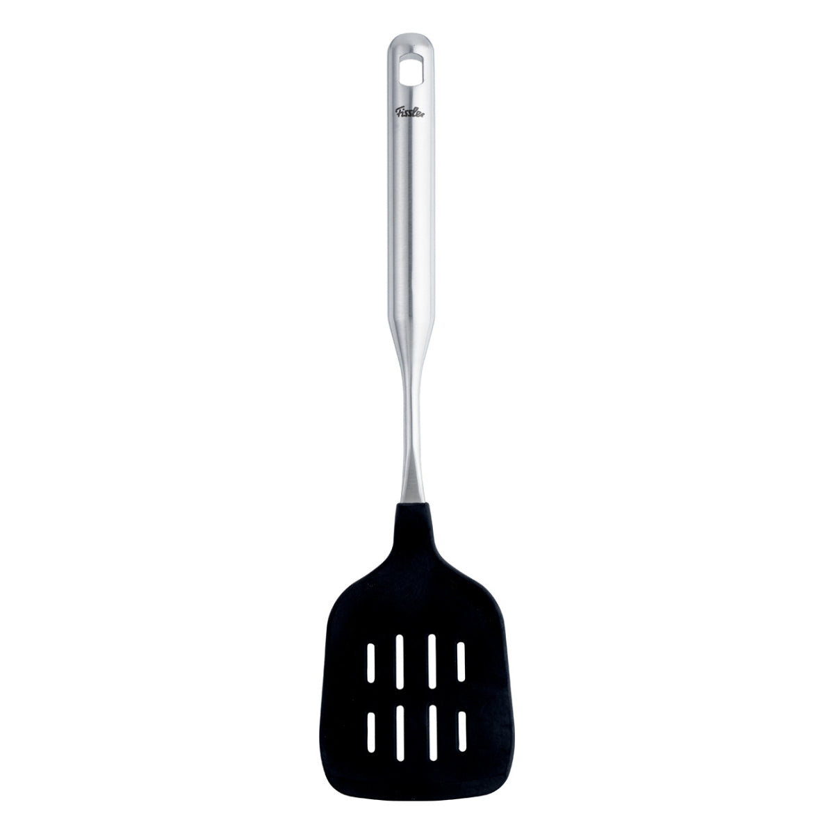 Fissler Essential® Bratwender mit Silikon - schlanker, moderner Bratwender mit Metall und schwarzem Griff, präzise gefertigt in Deutschland, auf weißem Hintergrund.