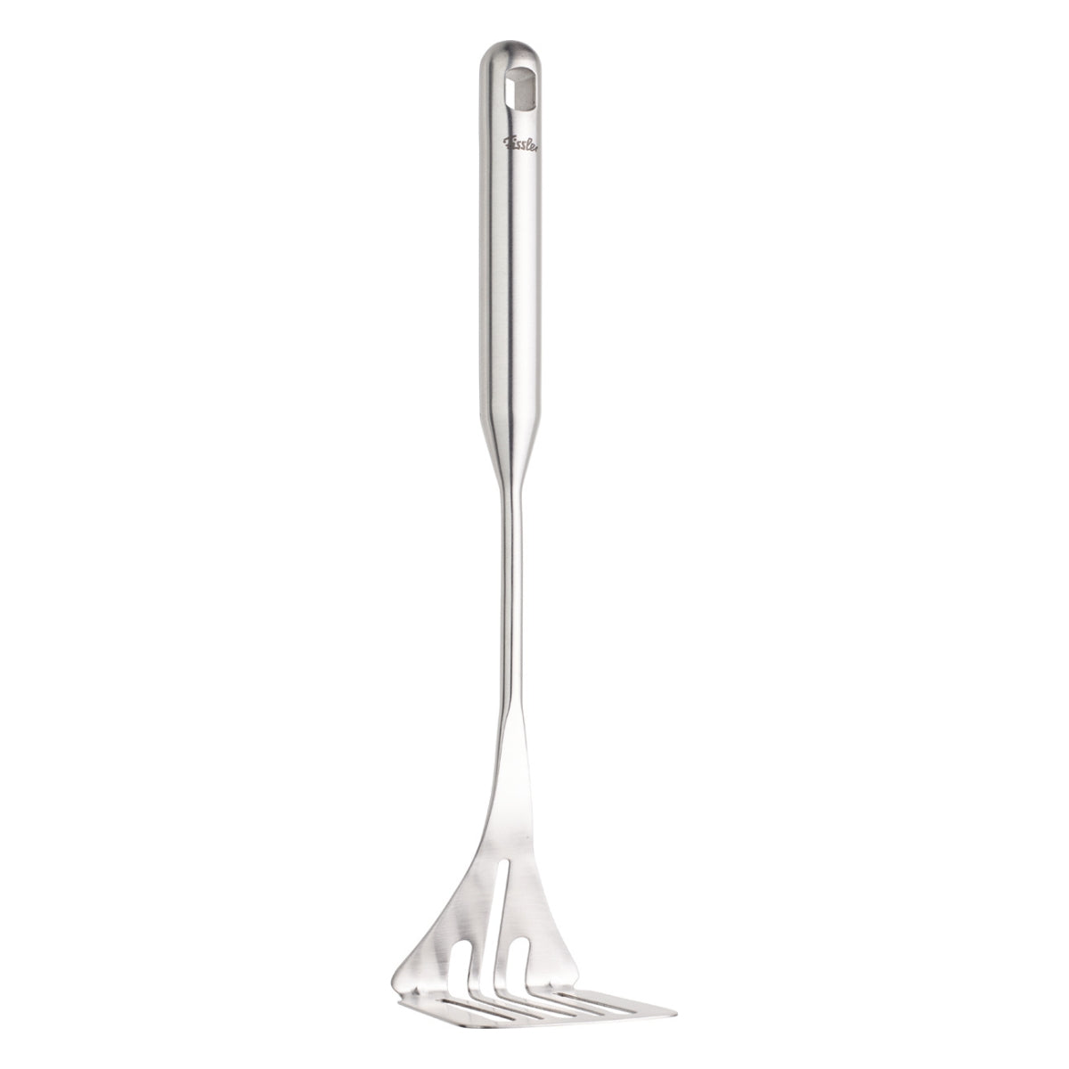 Fissler Essential® Kartoffelstampfer - ein in Deutschland hergestellter Kartoffelstampfer aus rostfreiem Stahl mit ergonomischem Griff und Aufhängeloch, für müheloses Pürieren.