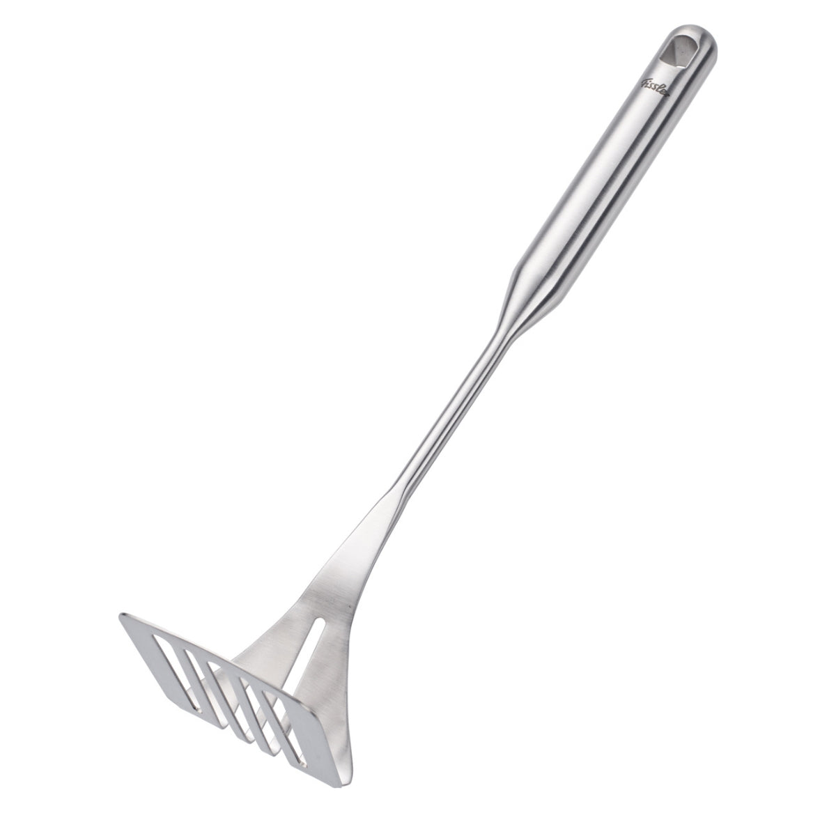 Fissler Essential® Kartoffelstampfer-Premium-Edelstahlstampfer mit ergonomischem Griff, innovativer Schlitzplatte, auf weißem Grund.