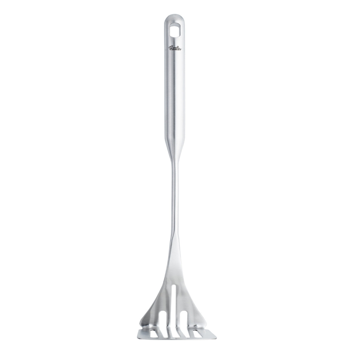 Fissler Essential® Kartoffelstampfer - Premium-Edelstahl, ergonomischer Griff, schlanker Schlitzboden. Modernes deutsches Design in Weiß.