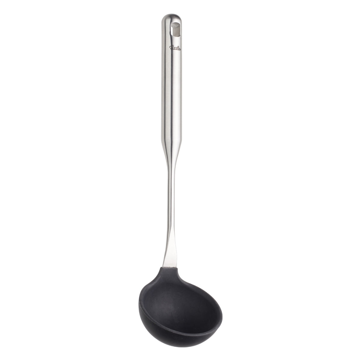 Fissler Essential® Schöpflöffel: Moderne, robuste Schöpfkelle mit langem Griff und schwarzer Silikonschaufel - präzise zum Servieren von Suppen.