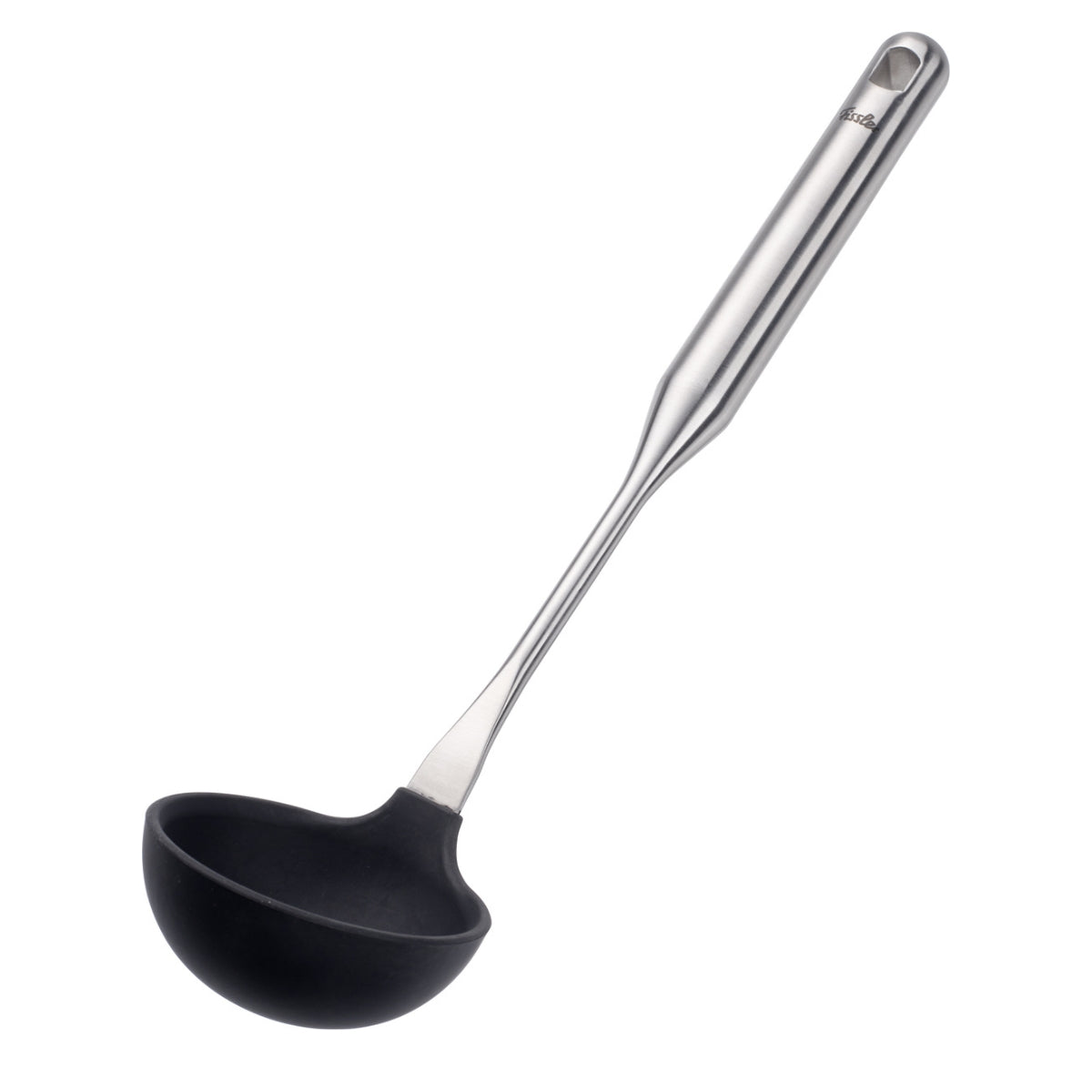 Fissler Essential® Schöpflöffel mit Silikon: schwarz, tiefe runde Schale, langer Edelstahlstiel, schräg auf weiß abgebildet.