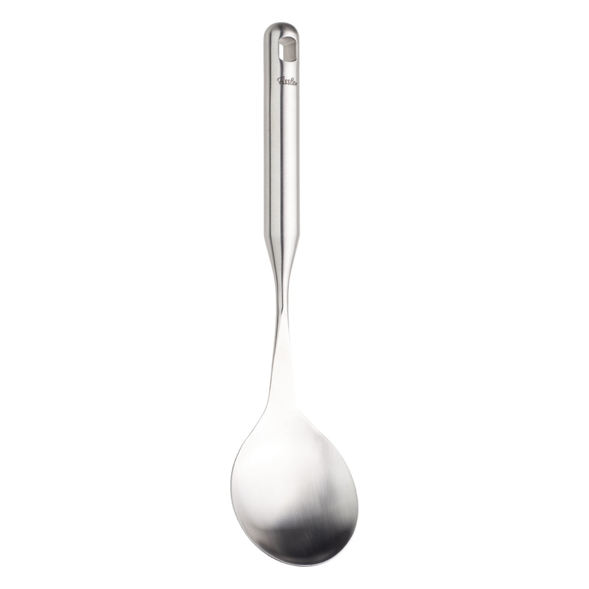 Fissler Essential® Gemüse-/Reislöffel: schlanker Edelstahl, ergonomisch geformter langer Griff. Modernes deutsches Design auf weißem Hintergrund.