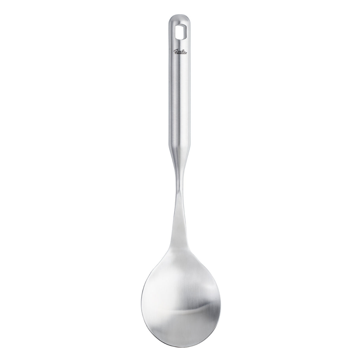 Fissler Essential® Vegetable/Rice Spoon: Stainless steel, modern design, shallow bowl and long handle with hanging hole on white background.
