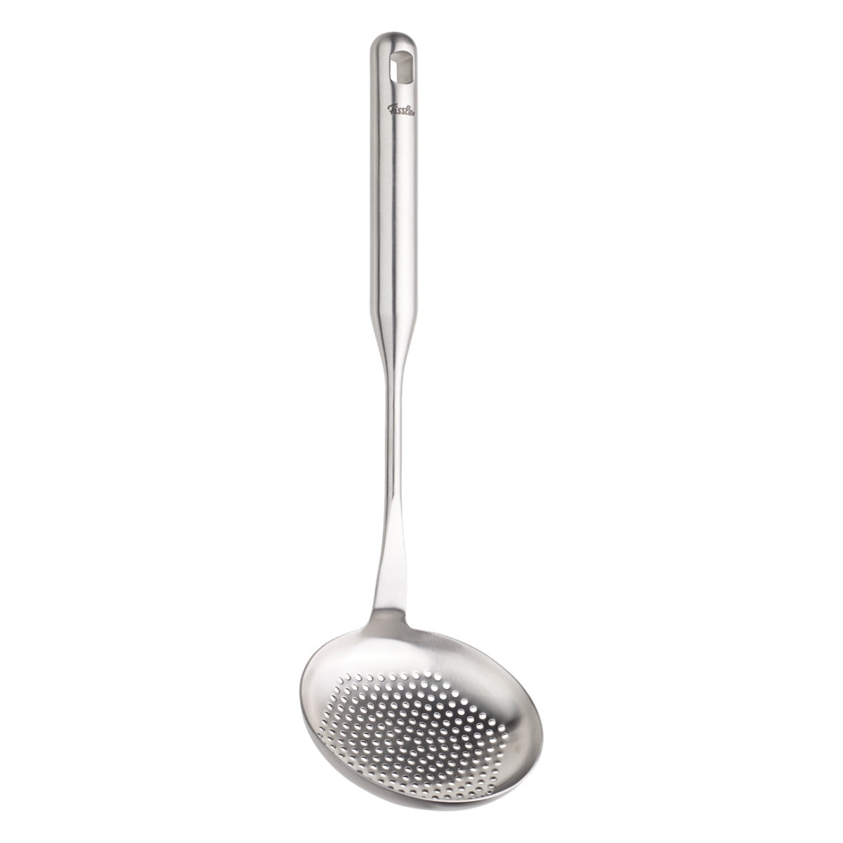 Fissler Essential® Schaumlöffel: Moderner Schaumlöffel aus Edelstahl mit schlankem Griff und ovaler Lochschale. Hergestellt in Deutschland.