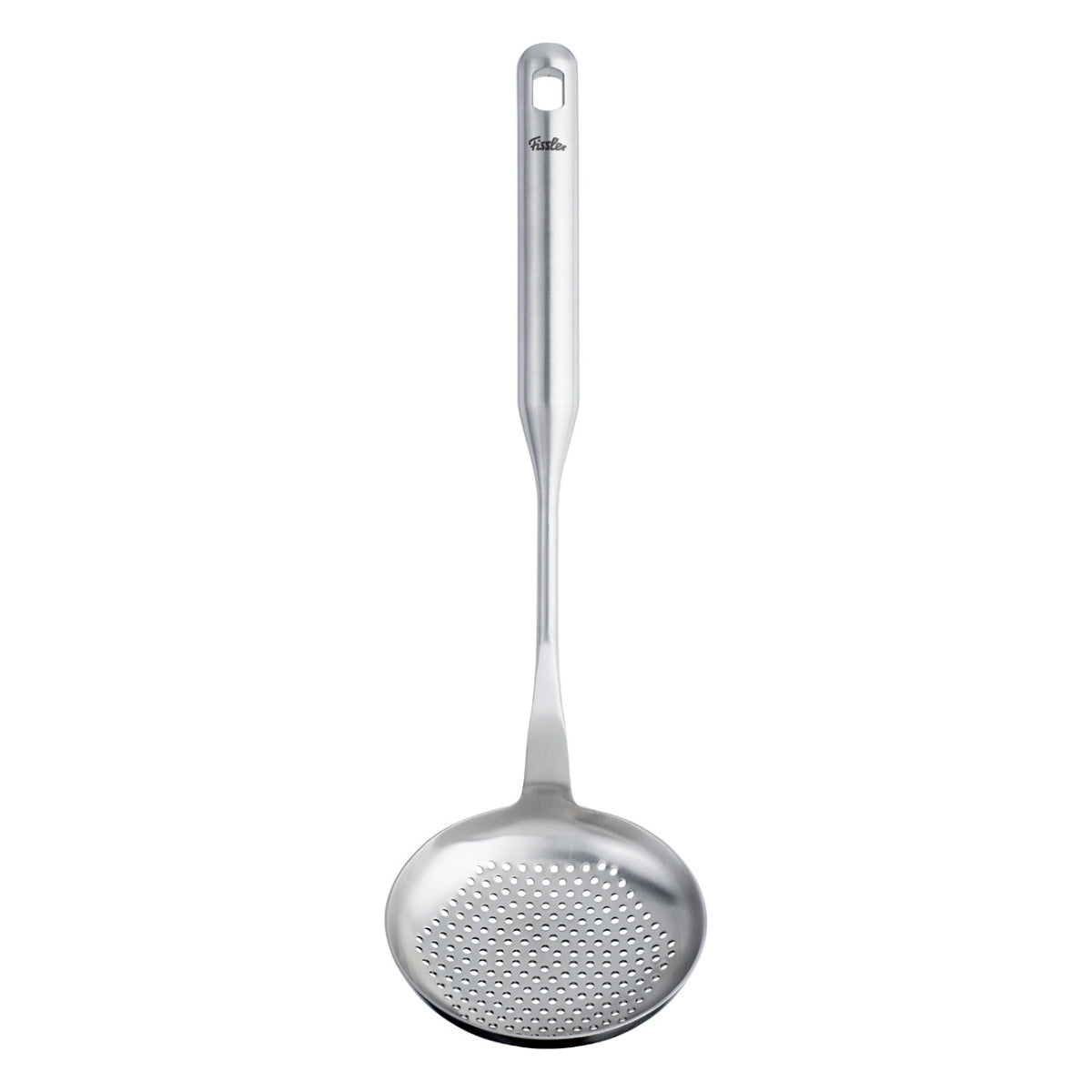 Fissler Essential® Skimmer Spoon - precision-crafted stainless steel skimmer with a long handle and modern, perforated bowl. Made in Germany.