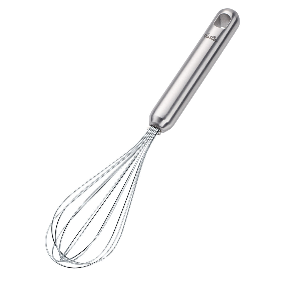 Fissler Essential® Whisk: Stainless steel whisk made in Germany with long handle, wire loops, and hanging hole - timeless, precise design.
