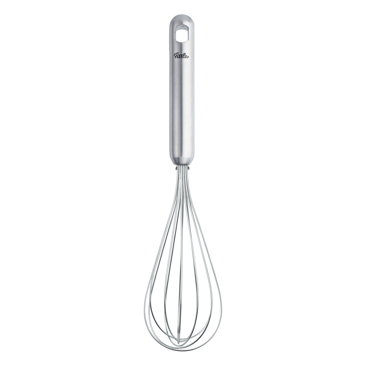 Fissler Essential® Stainless Steel Precision Whisk with Long Handle, Modern Design, on White Background.