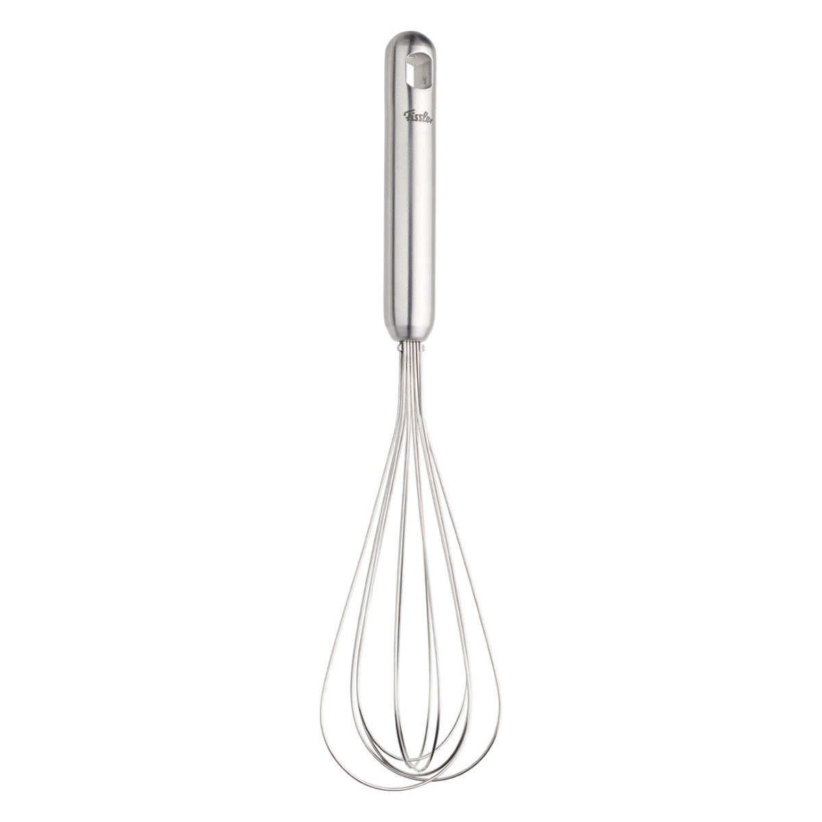 Der Fissler Essential® Schneebesen aus rostfreiem Stahl, 25 cm, Präzisionsfertigung in Deutschland, auf weißem Hintergrund.