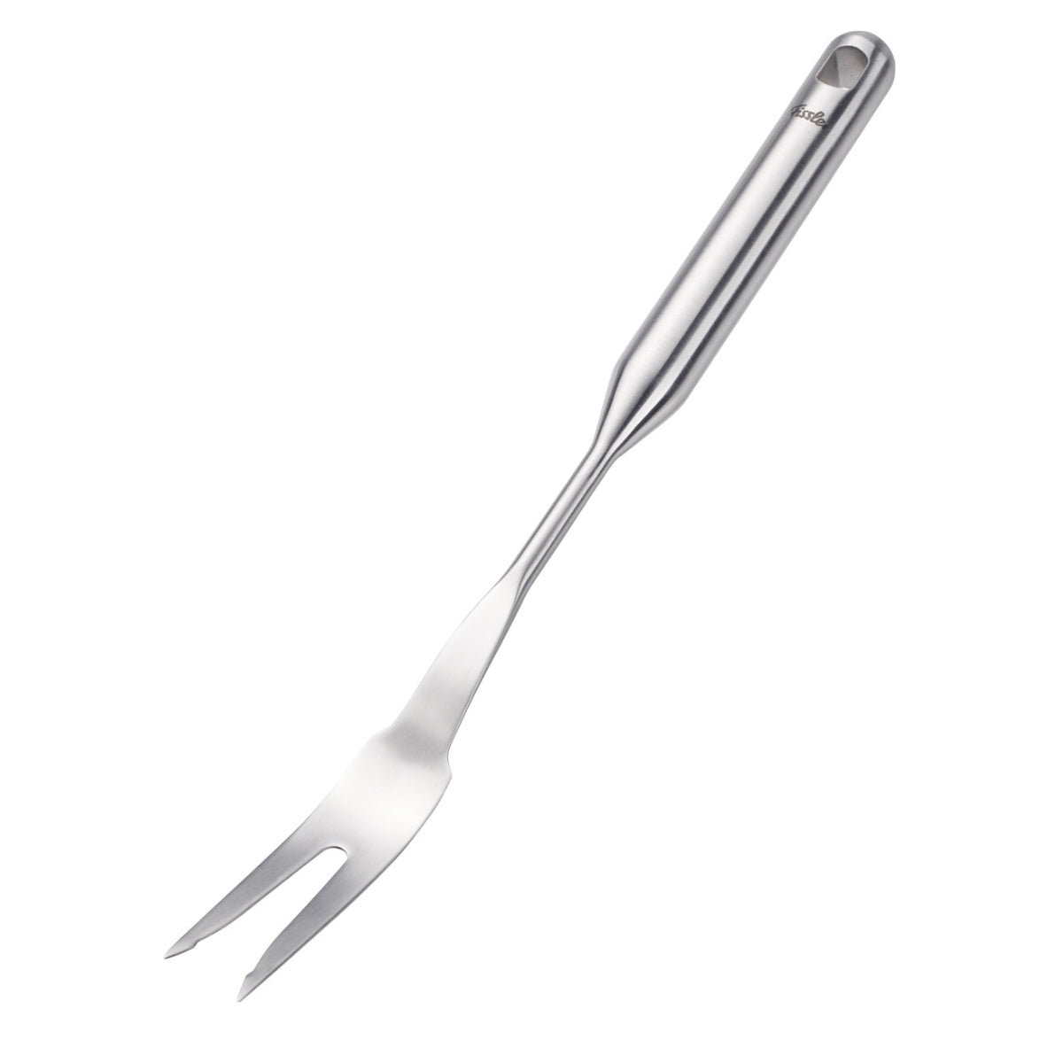 Die Fissler Essential® Fleischgabel: Präzisionsarbeit, rostfreier Stahl, zwei Zinken, langer Griff - zeitloses deutsches Design zum Schnitzen.