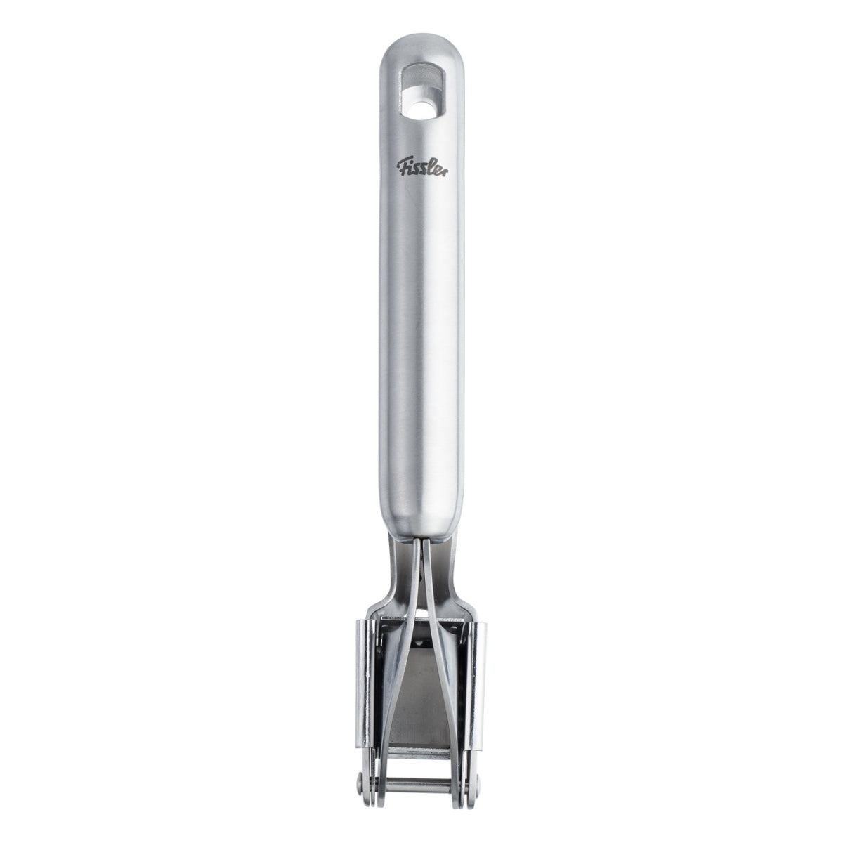 Fissler Essential® Garlic Press: Stainless steel garlic press with ergonomic handle and logo, precisely made in Germany for efficiency.