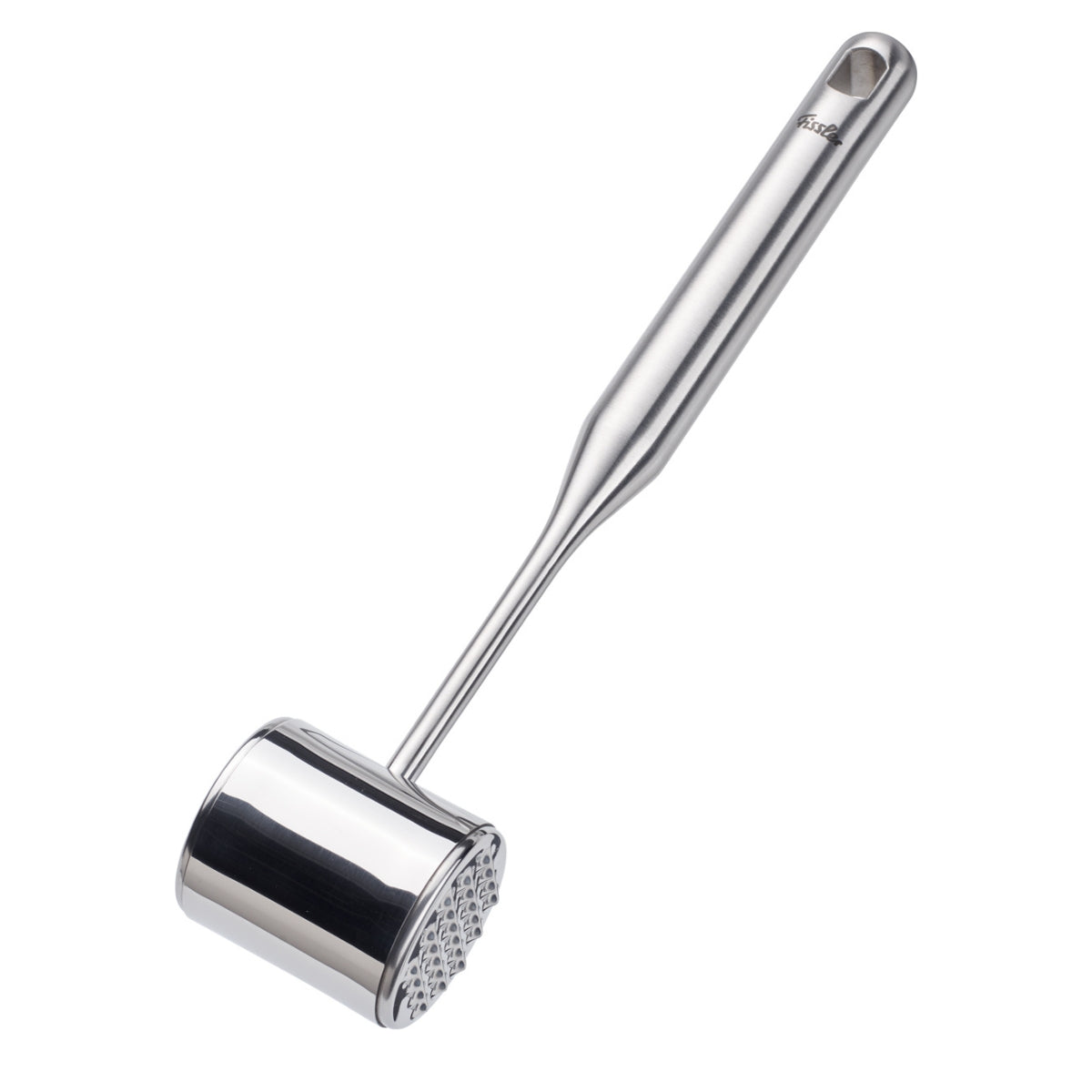 The Fissler Essential® Meat Tenderizer: Precision-crafted stainless steel, double-sided head - flat and spiked - for effortless tenderizing.