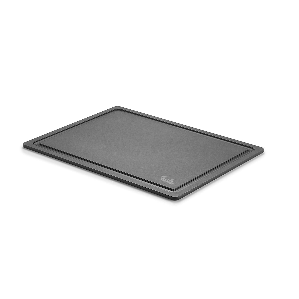 Fissler Schneidbrett Zellulose, 34 x 25,5 cm, dunkelgrau, antibakteriell, klingenfreundlich, modern auf Weiß präsentiert.