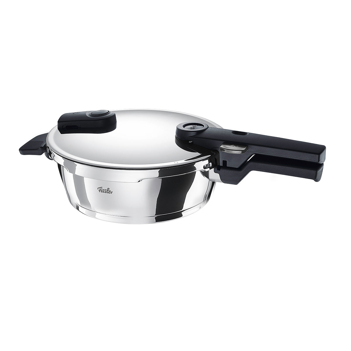 Fissler Vitaquick® Schnellbratpfanne, 22cm/2,5L, hergestellt in Deutschland aus glänzendem Edelstahl 18/10, mit schwarzem Griff und Deckelverschluss.
