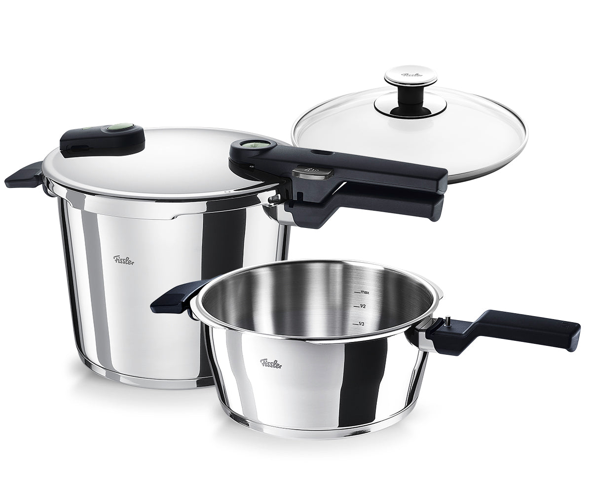 Fissler Vitaquick® 3-teiliges Set: 3,5-Liter- und 6-Liter-Edelstahlkocher, klassischer Druckdeckel, Glasdeckel. Deutsche Präzisionsarbeit.