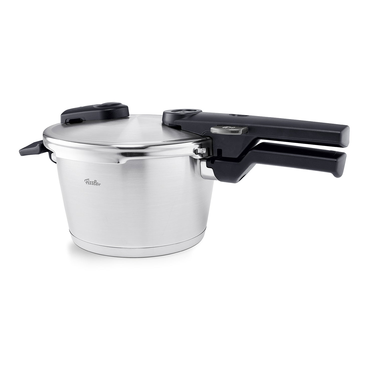Fissler Vitaquick® Premium: Präzisionsschnellkochtopf aus Edelstahl, schlanker schwarzer Griff, Seitenansicht auf weiß. Hergestellt in Deutschland.