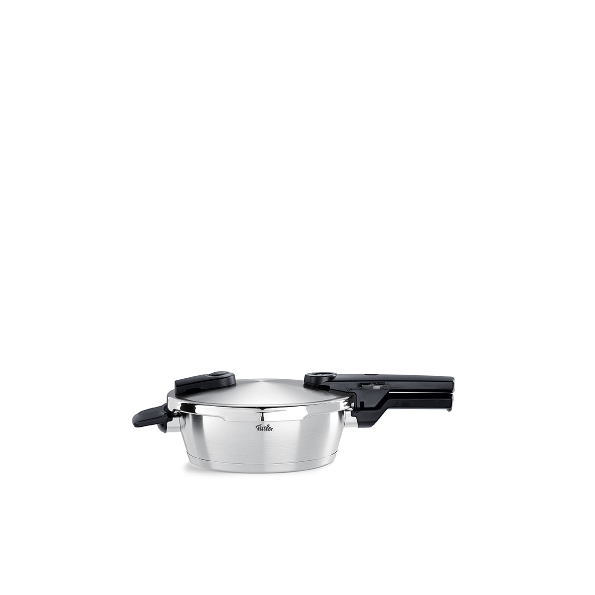 Fissler Vitaquick® Premium Schnellbratpfanne, 22cm/2,5L, Edelstahl und schwarze Griffe, Deckel drauf, "Made in Germany".