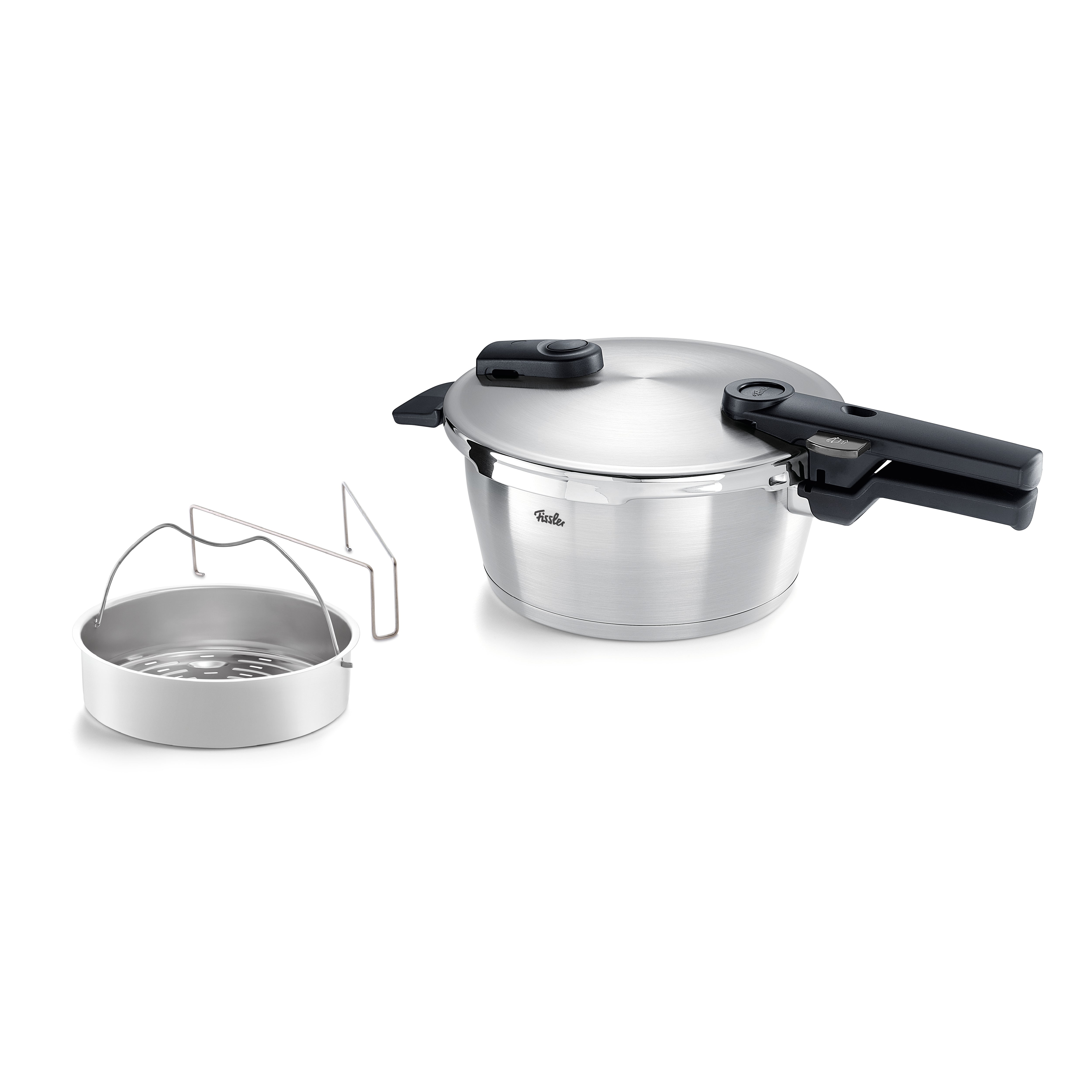 Fissler Vitaquick® Premium stainless steel pressure cooker with black handle and steamer insert, precision-made in Germany.