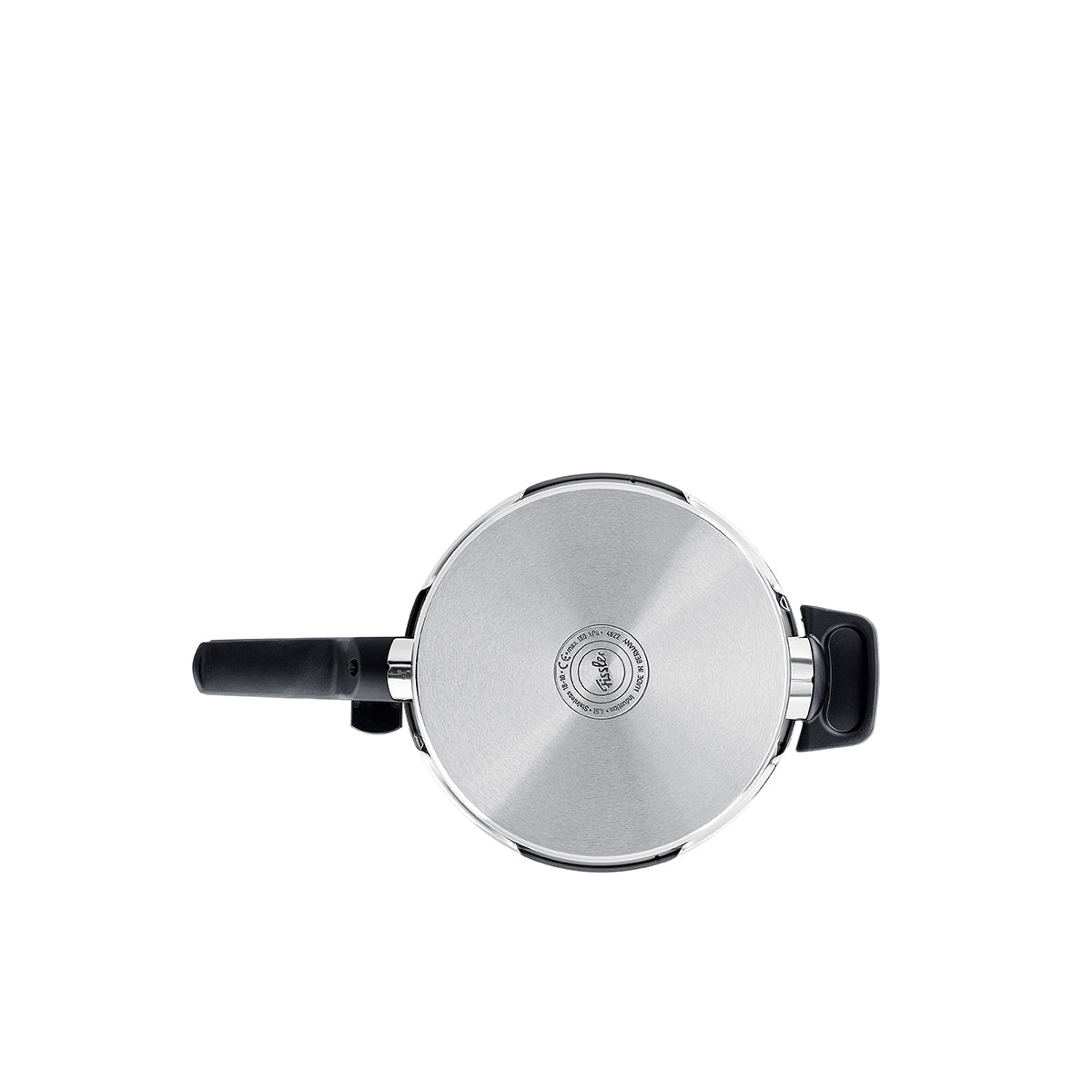 Draufsicht auf den Fissler Vitaquick® Premium Schnellkochtopf aus Edelstahl mit schwarzen Griffen, der deutsche Präzision und Design zeigt.