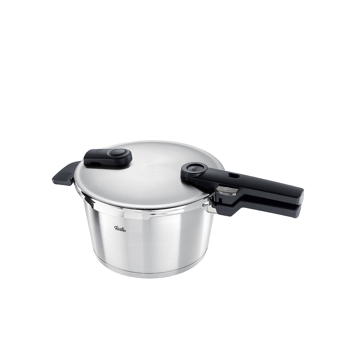 Fissler Vitaquick® Premium Schnellkochtopf-moderner Schnellkochtopf aus Edelstahl mit schwarzem Griff auf weißem Hintergrund.