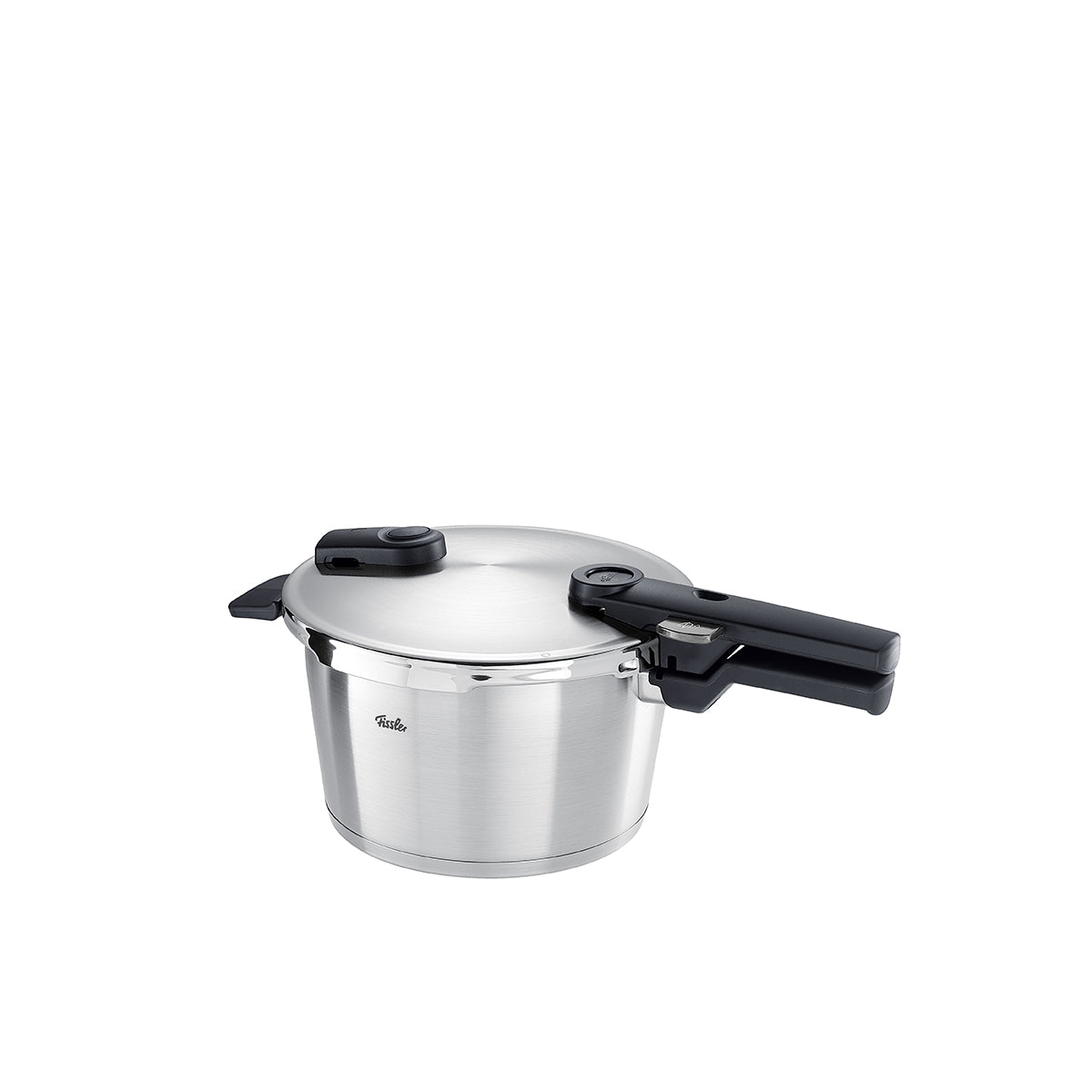 Der Fissler Vitaquick® Premium Schnellkochtopf - ein moderner Schnellkochtopf aus Edelstahl mit schwarzem Griff und Deckel. Hergestellt in Deutschland.