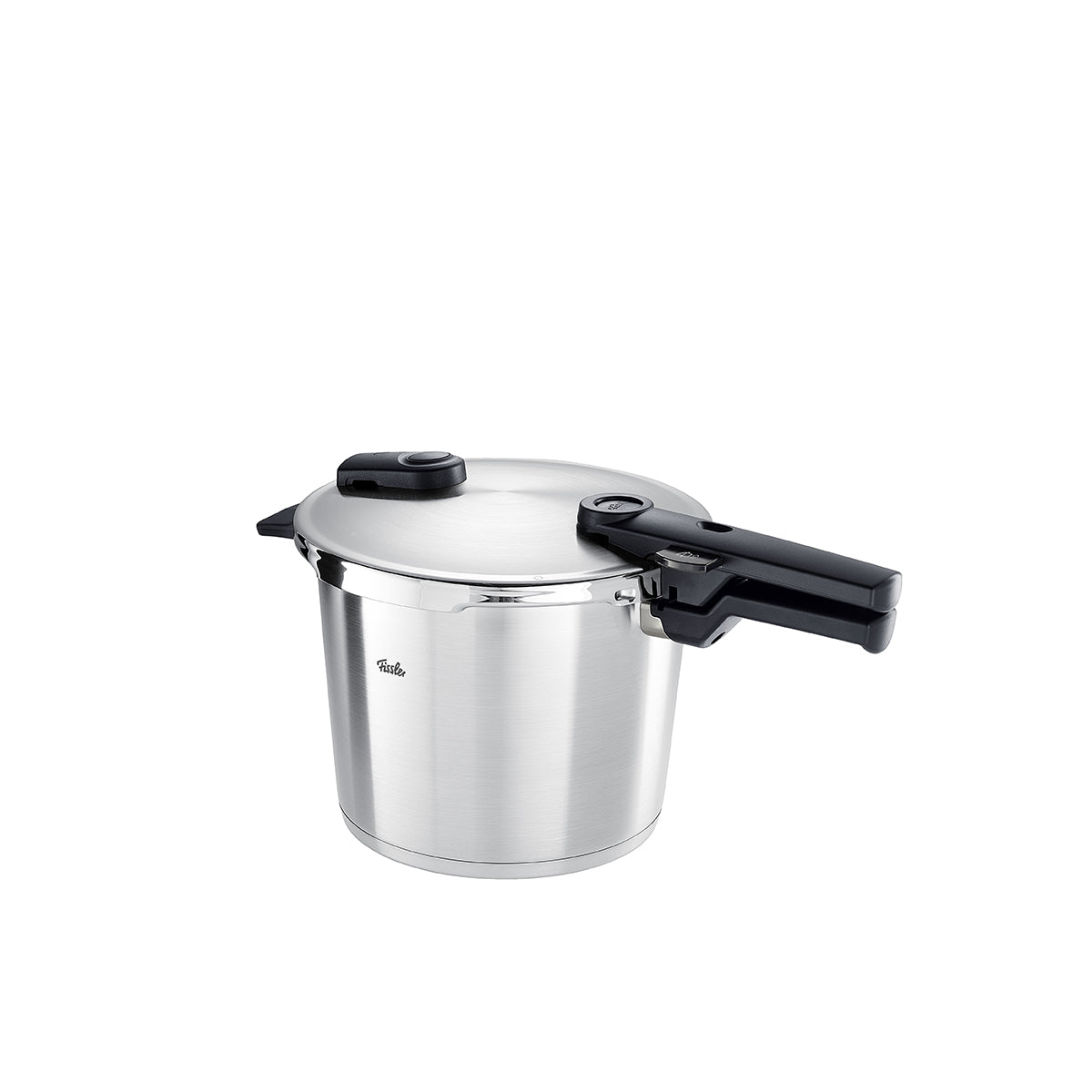 Fissler Vitaquick® Premium Schnellkochtopf aus poliertem Edelstahl, mit sicherem schwarzen Griff. Deutsche Technik. Weißer Hintergrund.