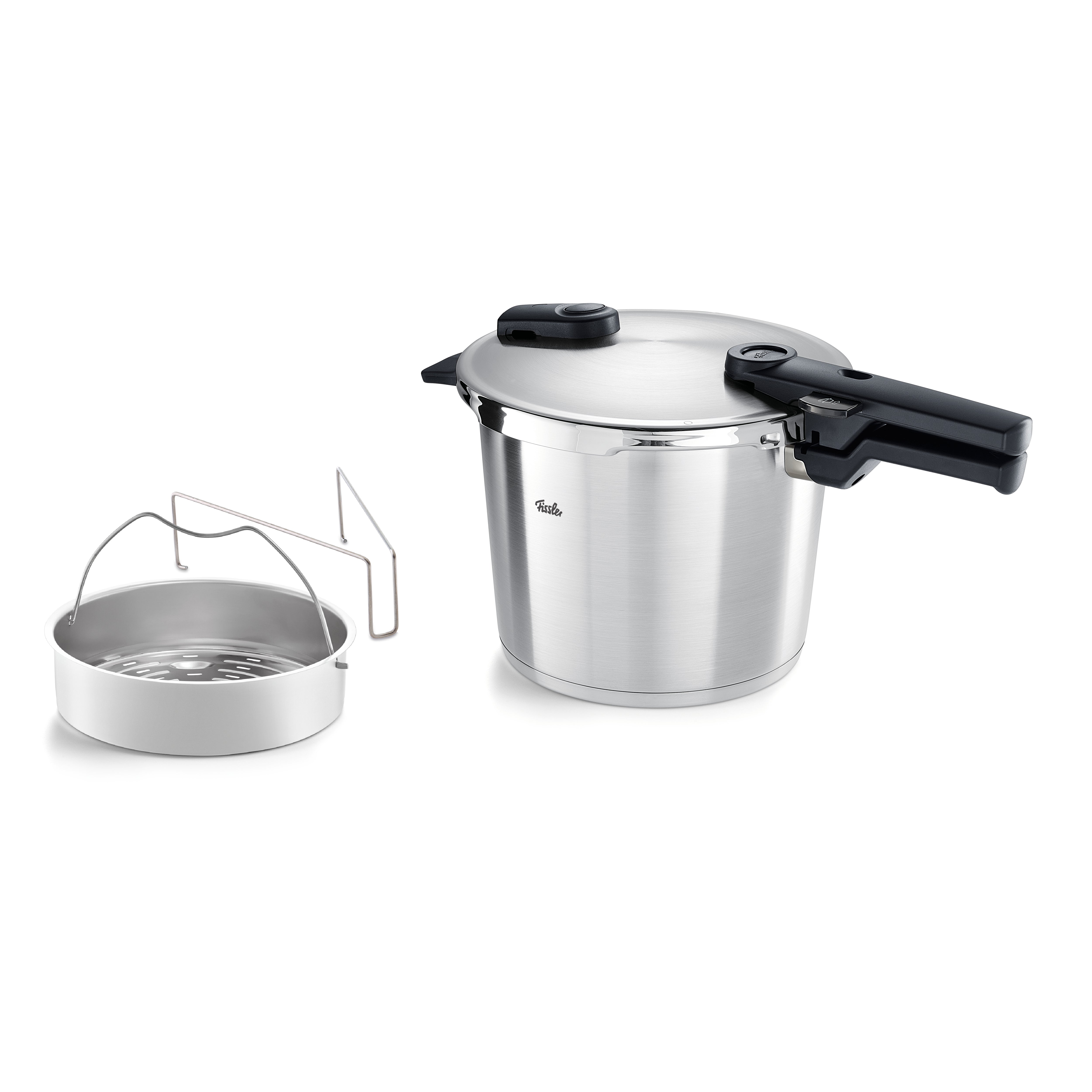 Fissler Vitaquick® Premium Stainless Steel Pressure Cooker with Steamer Insert and Trivet, Modern, Functional - Made in Germany.