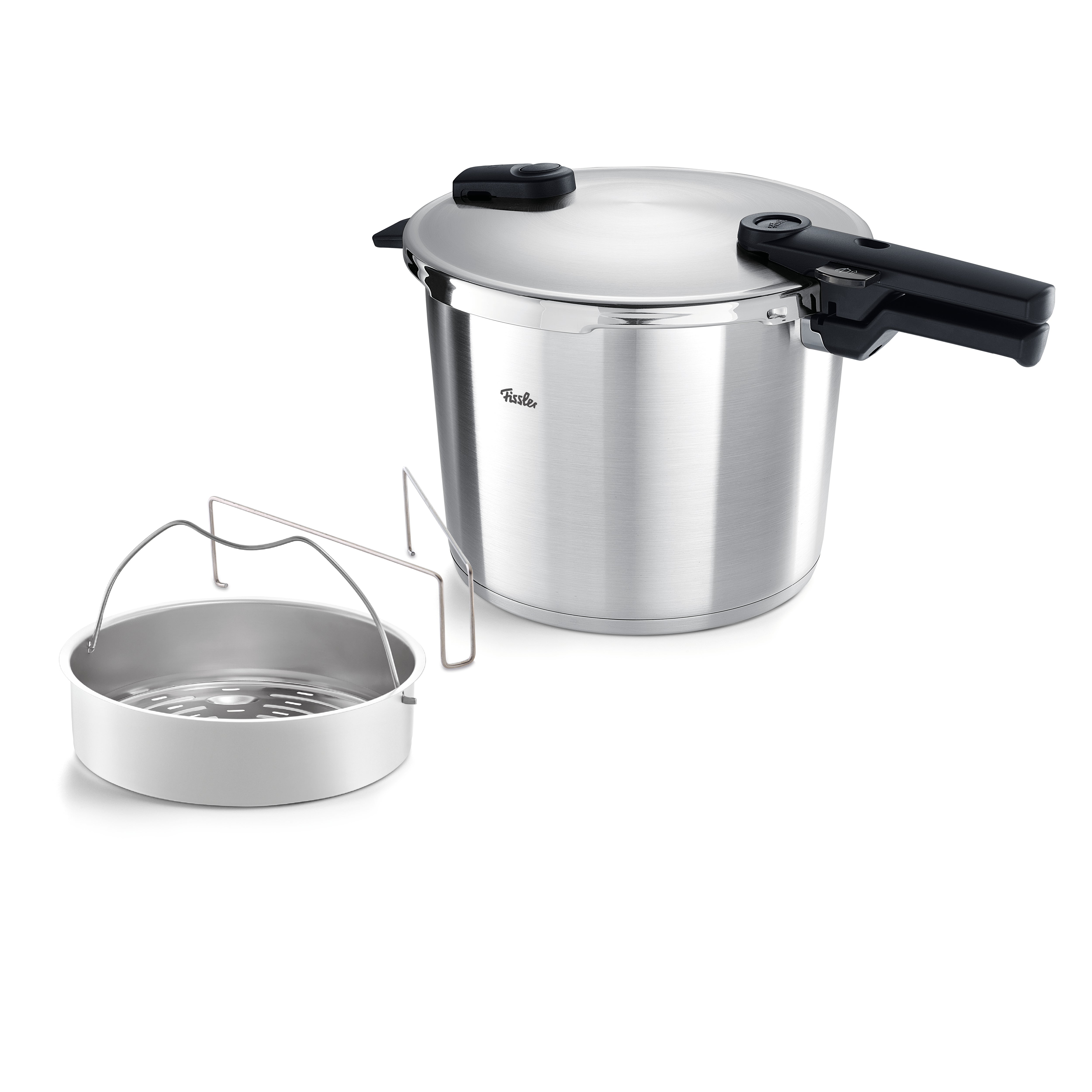 Fissler Vitaquick® Premium Pressure Cooker with Steamer Insert and Insert, Stainless Steel, Black Handle - Precise, Modern Design.