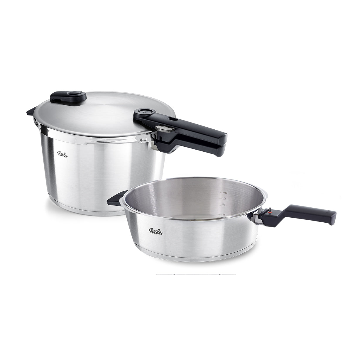 Fissler Vitaquick® Premium Set: zwei Schnellkochtöpfe aus Edelstahl (4 & 8L), schwarze Griffe, deutsche Präzision und Haltbarkeit.