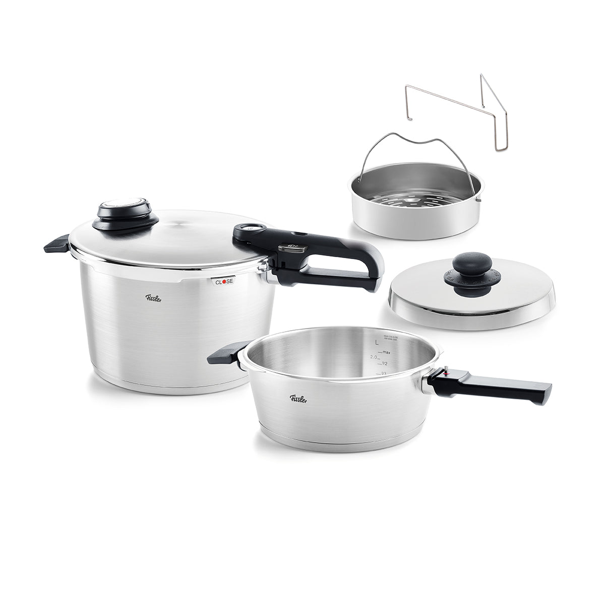 Fissler Vitavit® Premium 3-piece set: precision-engineered 4L frying pan and 8L Cooking Pot with black handles, on a white background.
