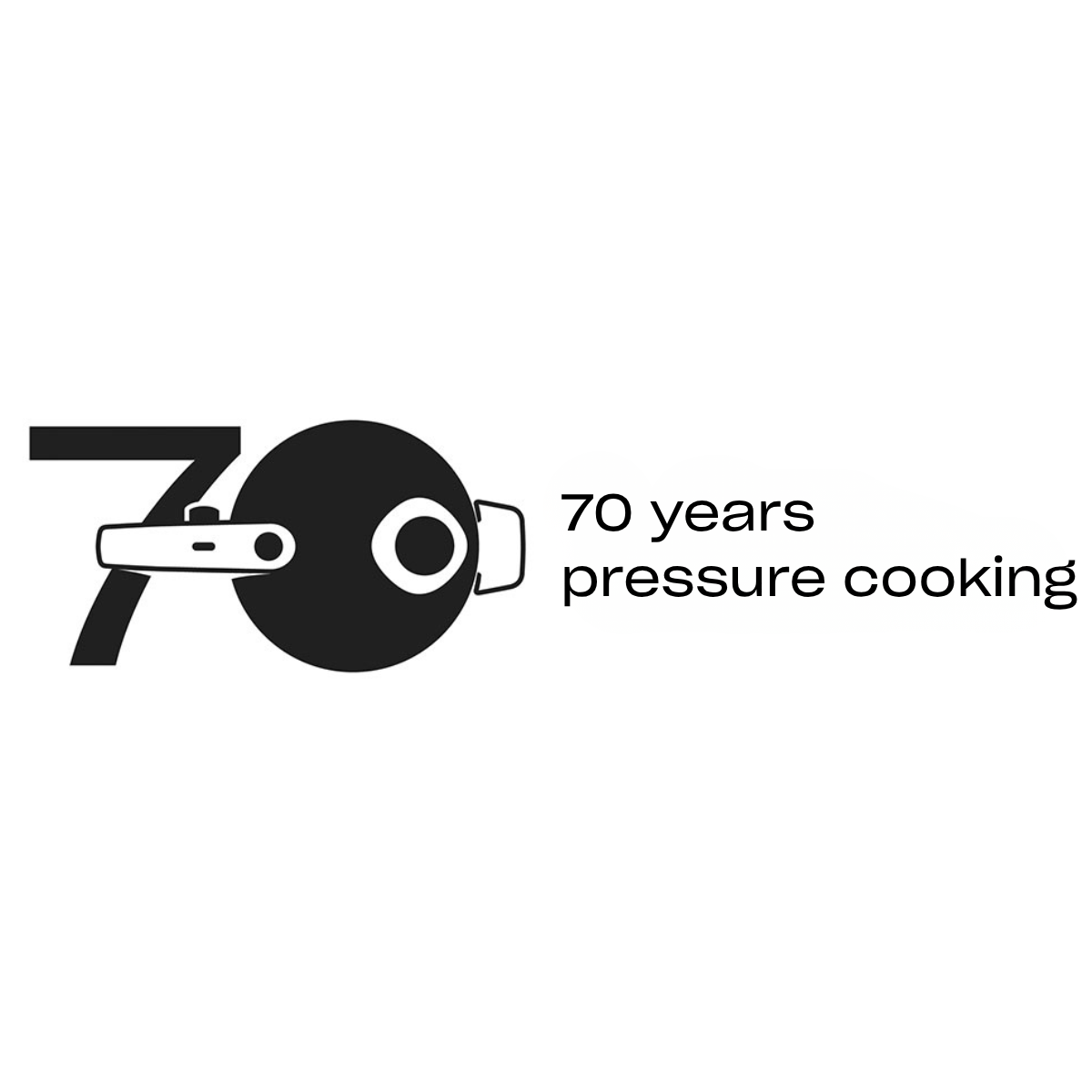 Elegant “70” anniversary logo, with the “0” artistically designed as a Fissler stainless steel pressure cooker, accompanied by the phrase “70 years pressure cooking” on a clean white background, celebrating Fissler’s tradition of German-made quality cookware since 1845.