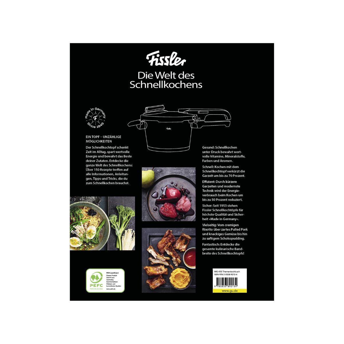 Die schlichte schwarze Box für das Buch von Fissler zeigt einen Schnellkochtopf, Energiespartipps, frische Zutaten, das Fissler-Logo und Zertifizierungen.