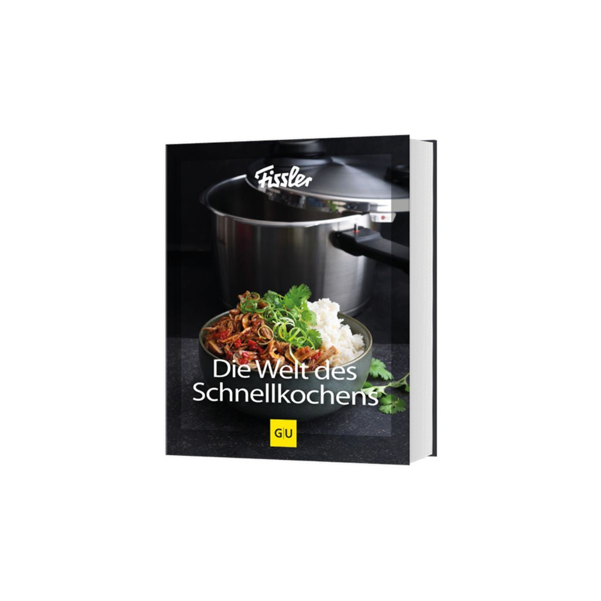 Fissler Vitavit® Premium 2-tlg. Schnellkochtopf-Set 4,5L + Kochbuch, mit Kräutergarnitur, GU-Logo sichtbar.