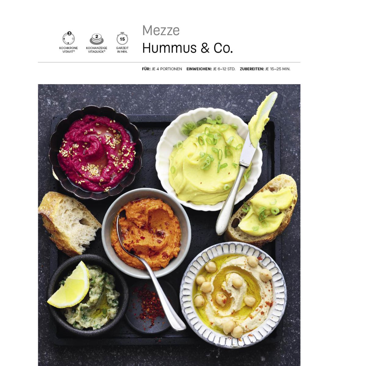 Erleben Sie schnelle, energieeffiziente Mezze-Dips mit Fissler Töpfen: Rote Bete-, Avocado-, Paprika- und Kräuterdip, Hummus.