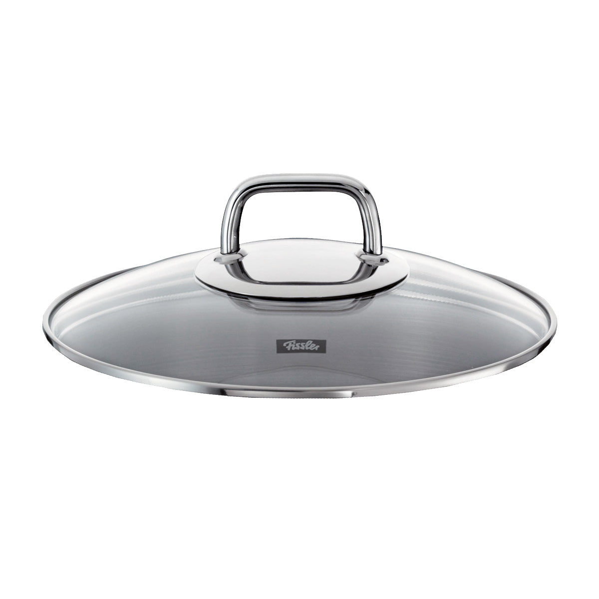 Fissler Viseo®/Venice 16 cm Glasdeckel mit Edelstahlrand und poliertem Henkel, schräg auf weißem Grund dargestellt.