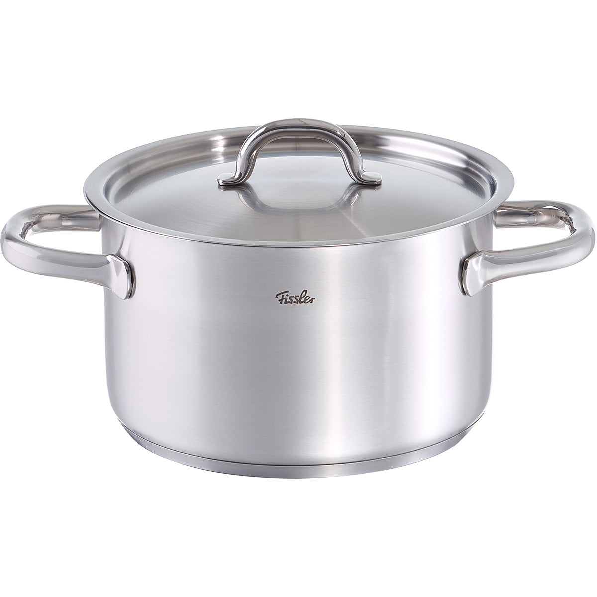 The Fissler Family Line Cooking Pot, stainless steel with Lid and side handles, suitable for induction. Precision made in Germany; modern design.