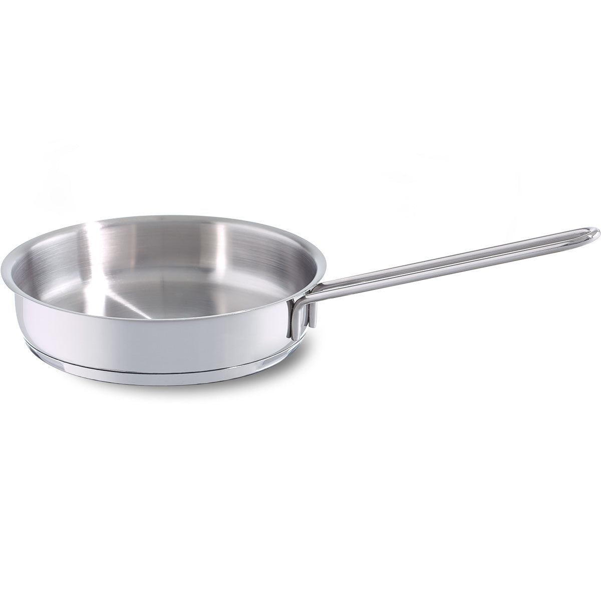 Fissler Häppchen-Set Pfanne 16 cm, hochwertige Edelstahlpfanne mit langem Griff, abgebildet auf weißem Grund. Hergestellt in Deutschland.