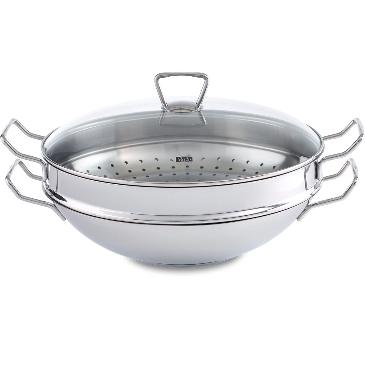 Fissler Nanjing Wok 36 cm, Edelstahl, mit Glasdeckel und Dämpfeinsatz. Modernes Design, zwei Griffe. Perfekt zum Dampfgaren.